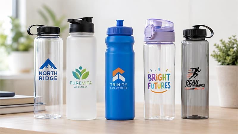 Custom plastic water bottles with different lid styles for schools, sports programs, trade shows, and giveaways