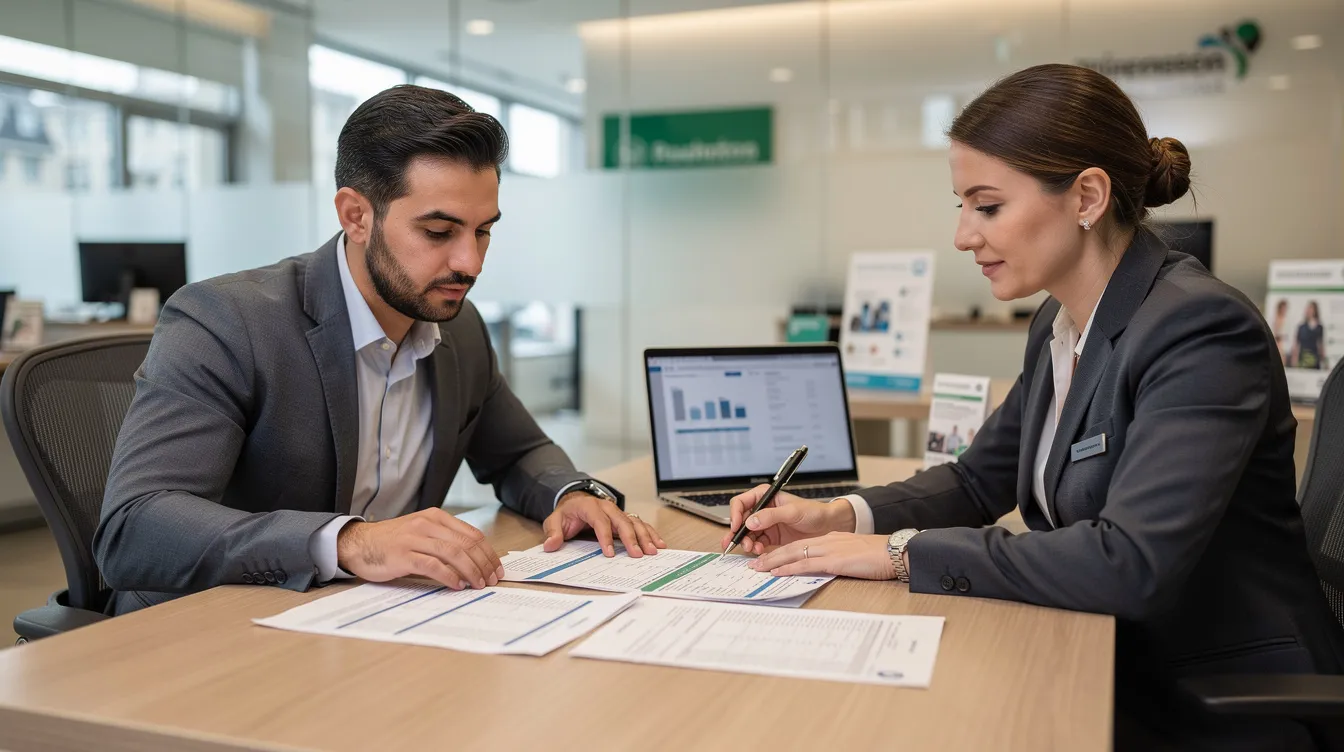 515a1346 70cb 4534 b091 54a62c1b9b9e A small business owner is engaged in a discussion with a bank officer at a branch desk, reviewing financial documents such as bank statements and proof of identity. This interaction highlights the process of applying for a mudra loan under the Pradhan Mantri Mudra Yojana, which aims to provide financial assistance to micro enterprises and small businesses in India.