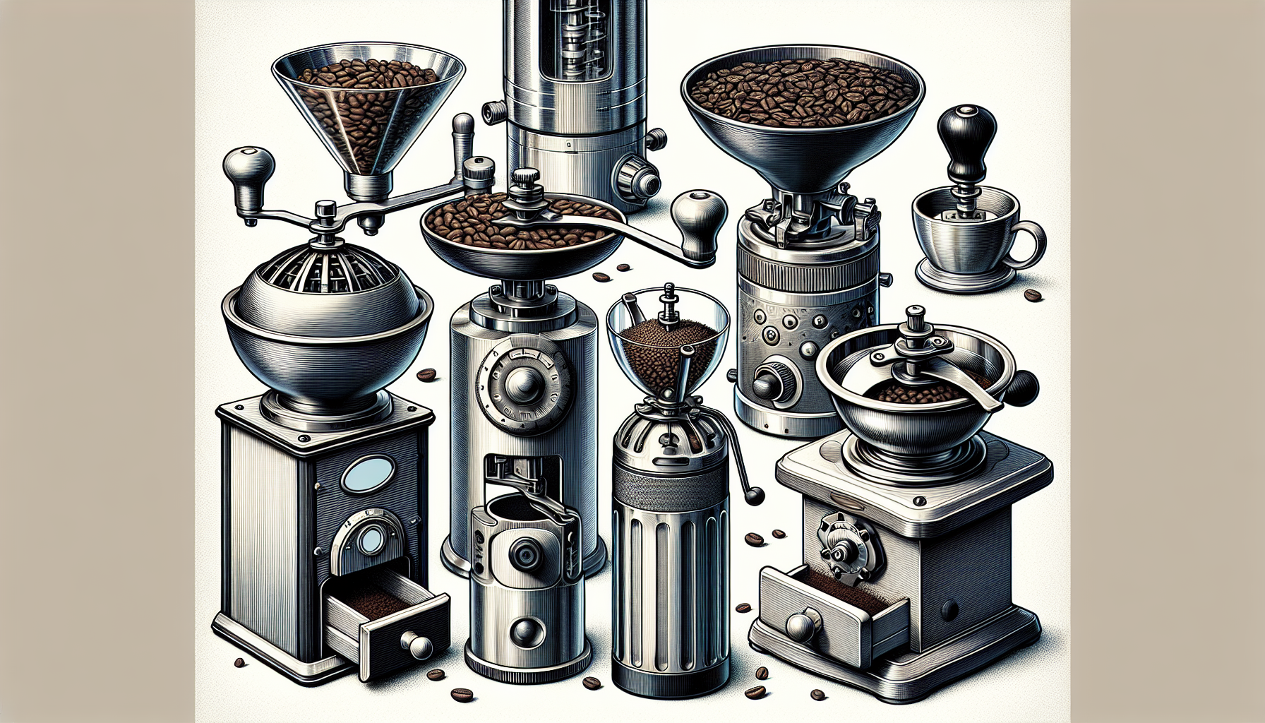 Illustration of a selection of coffee grinders