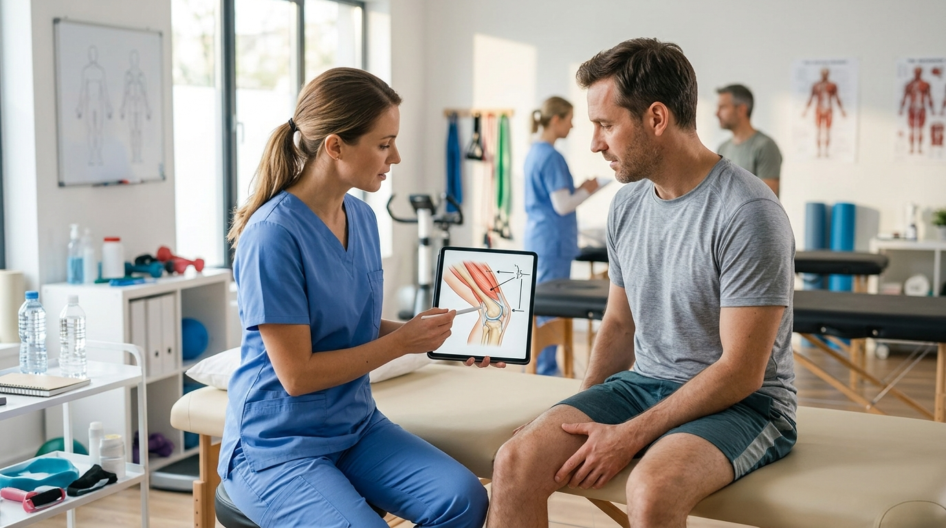 Physical therapist explaining knee anatomy to a patient using a tablet diagram during a consultation
