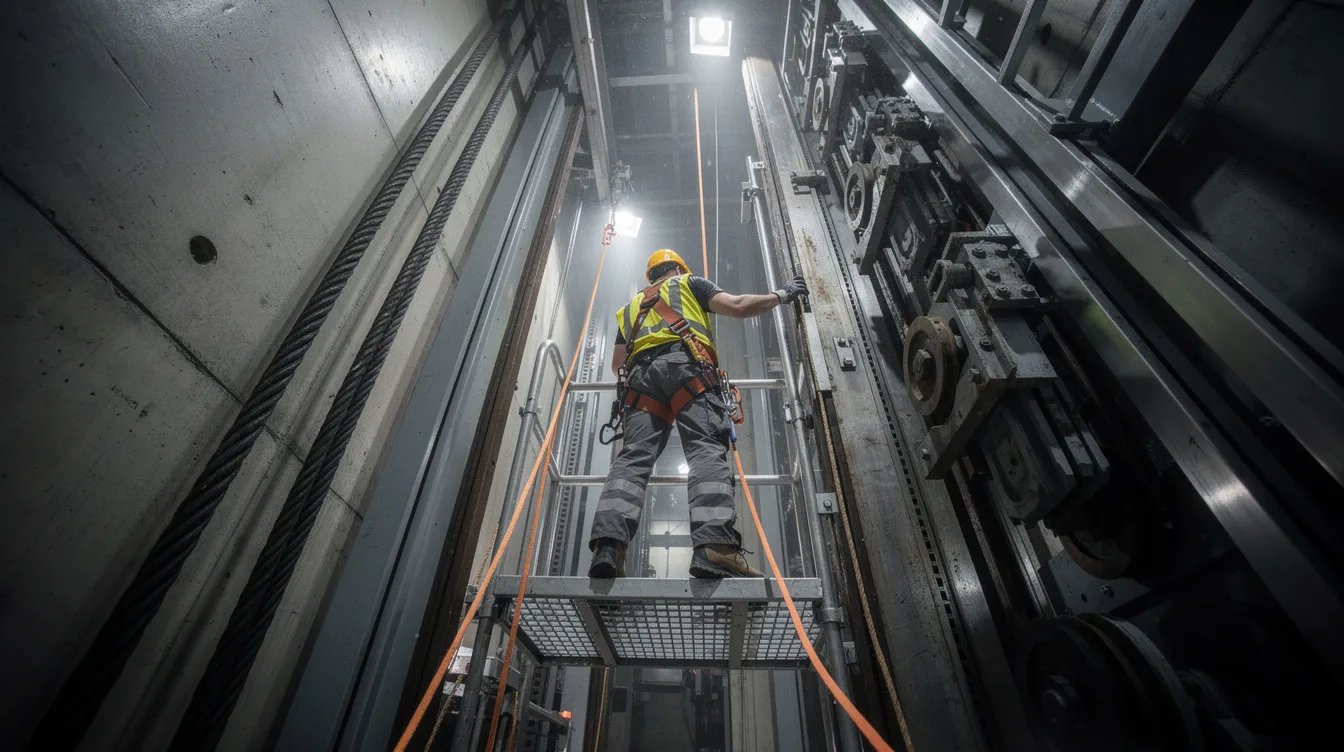 A skilled trade worker in a safety harness is performing maintenance inside a tall elevator shaft, surrounded by visible cables and mechanical components, showcasing the hands-on work and technical expertise required in high-paying trade jobs. This scene highlights the importance of on-the-job training and the demand for skilled trades in various industries.