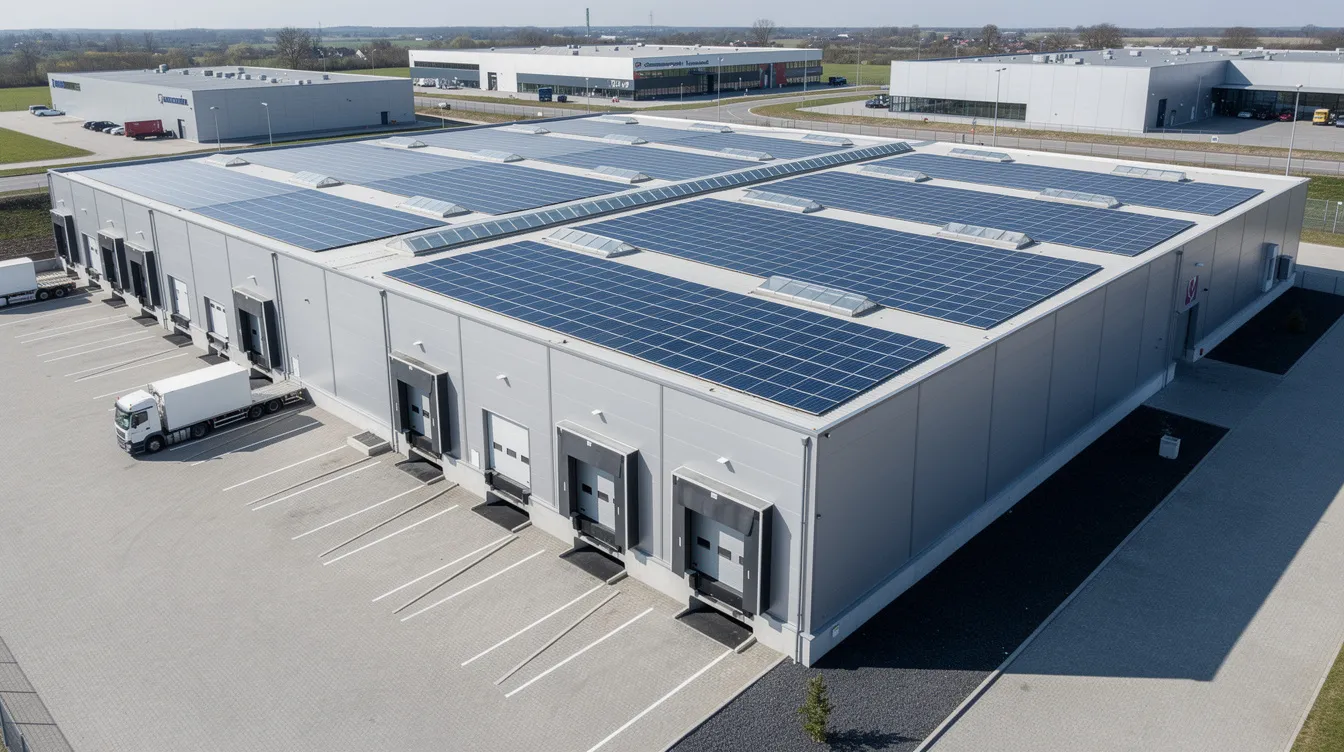 Nowoczesna hala przemysłowa z panelami fotowoltaicznymi na dachu, która świadczy o dążeniu do efektywności energetycznej i oszczędności energii. Obiekt ten może być przedmiotem audytu energetycznego budynku, co pozwala na optymalizację zużycia energii i poprawę efektywności energetycznej. Przedsiębiorcy, podmioty, przedsiębiorcy, optymalizacja, optymalizacji.