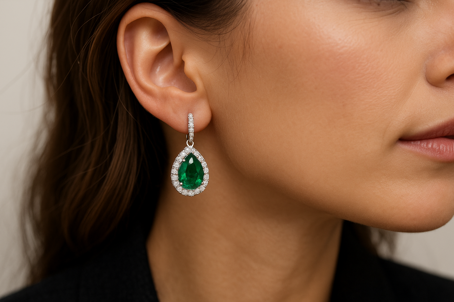 Moteris dėvi elegantišką auskarą – lašo formos smaragdas