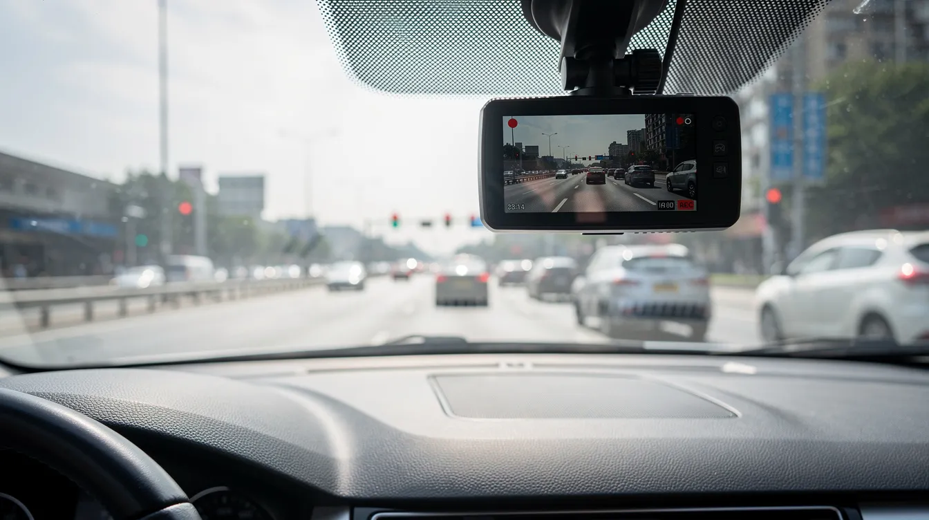 The image shows a dashboard camera mounted on a car windshield, actively recording the road ahead, which can provide valuable video evidence in the event of a car accident. This footage may serve as critical documentation for insurance claims, helping to establish liability and support the claims process.