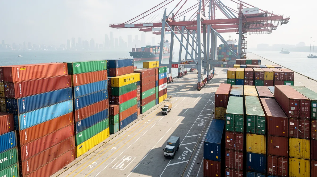 The image depicts a modern port terminal with numerous shipping containers stacked high, showcasing the efficiency of global logistics operations. This scene reflects the bustling activity of shipping and trade, essential for companies like CJ Group, which is involved in various sectors including food services and logistics.