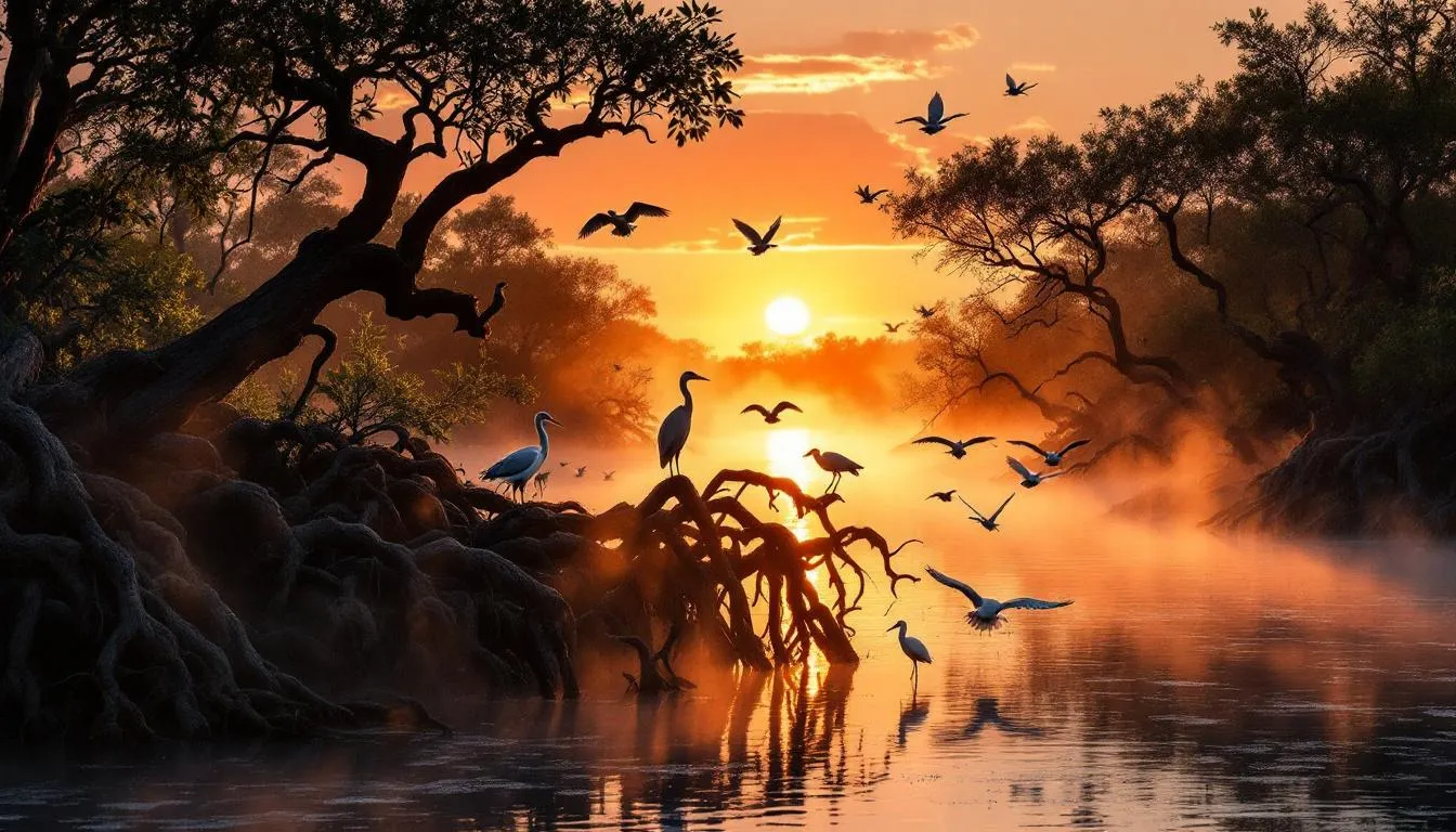 The image captures a serene sunrise over the J.N. "Ding" Darling National Wildlife Refuge, showcasing a vibrant sky and silhouettes of birds flying above lush mangrove landscapes. This scene highlights the natural beauty of Sanibel Island, a prime location for real estate investment in Southwest Florida, where prospective property consumers can explore protected conservation land and pristine beaches.