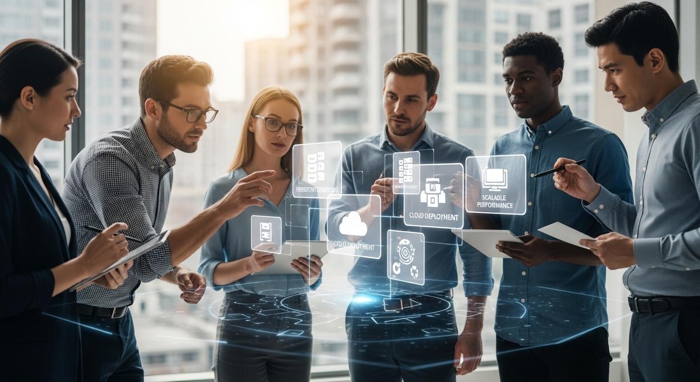 IT architects evaluating VDI solutions with floating icons for persistent desktops, data security, cloud deployment, and scalable performance.
