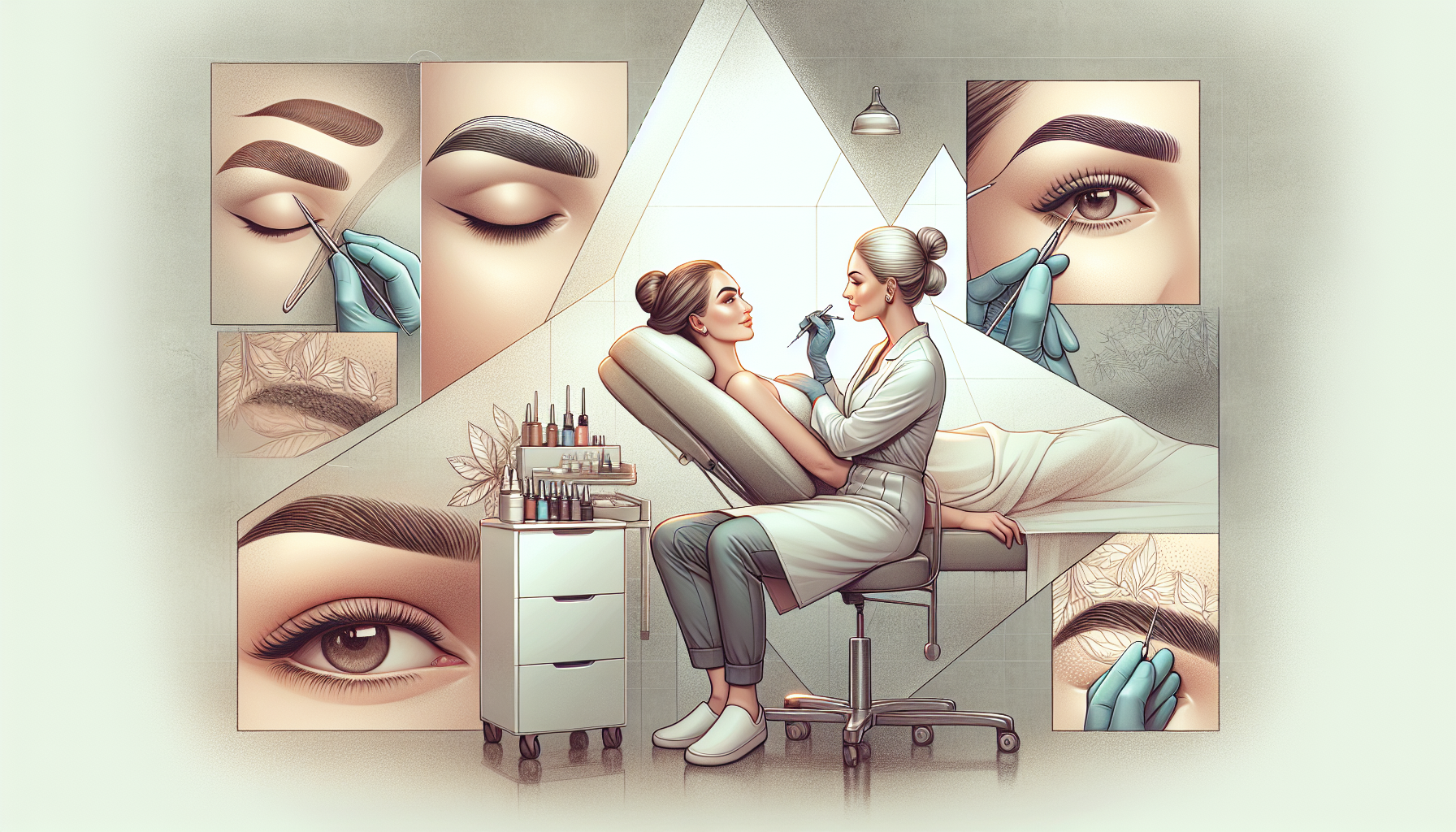 Eine künstlerische Darstellung des Ablaufs der Microblading-Behandlung mit verschiedenen Schritten wie Beratung, Vorbereitung, Pigmentierung und Nachpflege.