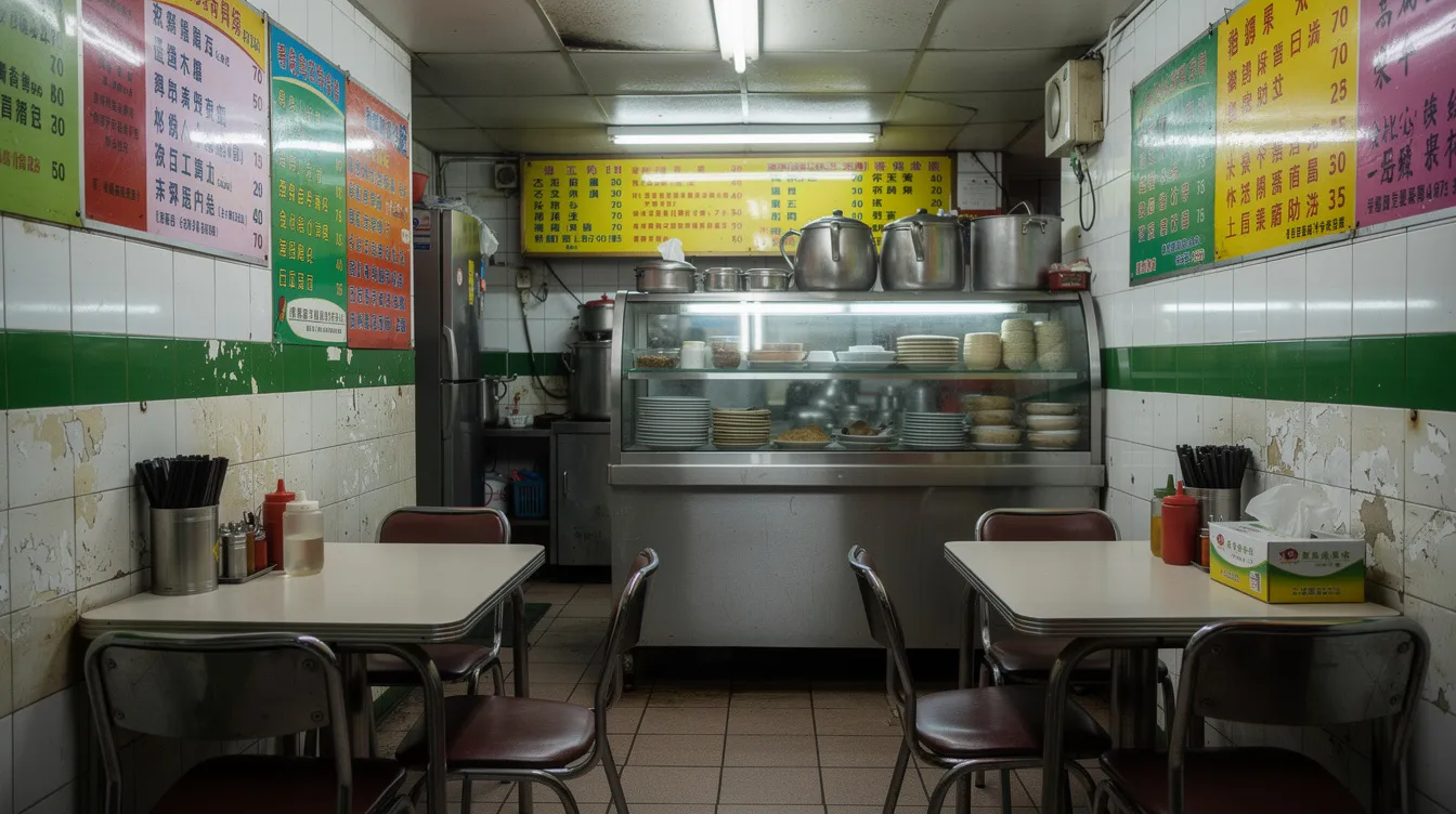 The image depicts the cozy interior of a small traditional Hong Kong cha chaan teng restaurant, featuring wooden tables and a counter, evoking a warm and inviting atmosphere typical of local dining spots. The setting reflects the charm of Hong Kong's culinary culture, where patrons can enjoy a variety of dishes in a casual environment.