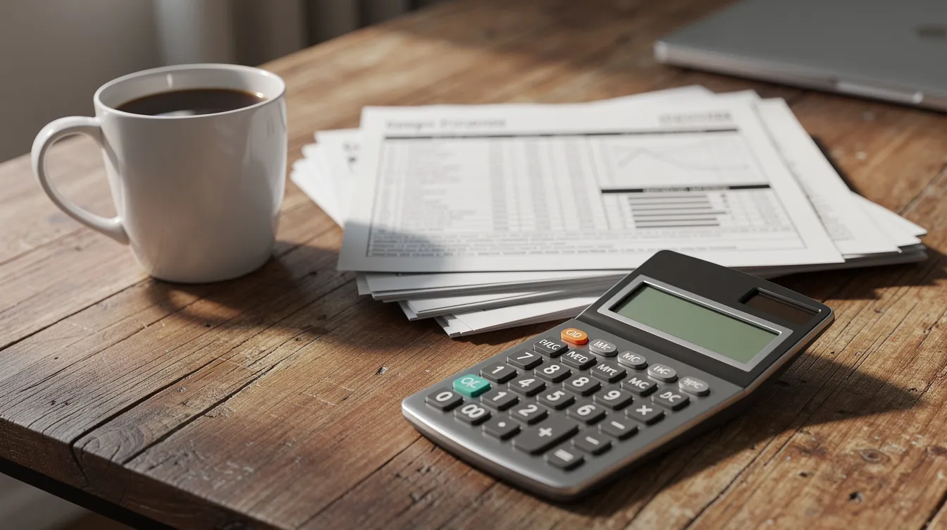 The image shows a calculator placed on a wooden desk alongside a stack of financial documents and a coffee mug, symbolizing the organization and planning needed for managing debt obligations and understanding cash flow for real estate investors. This setup reflects the importance of calculating debt service coverage ratios and analyzing rental income when considering dscr loans and investment property financing.