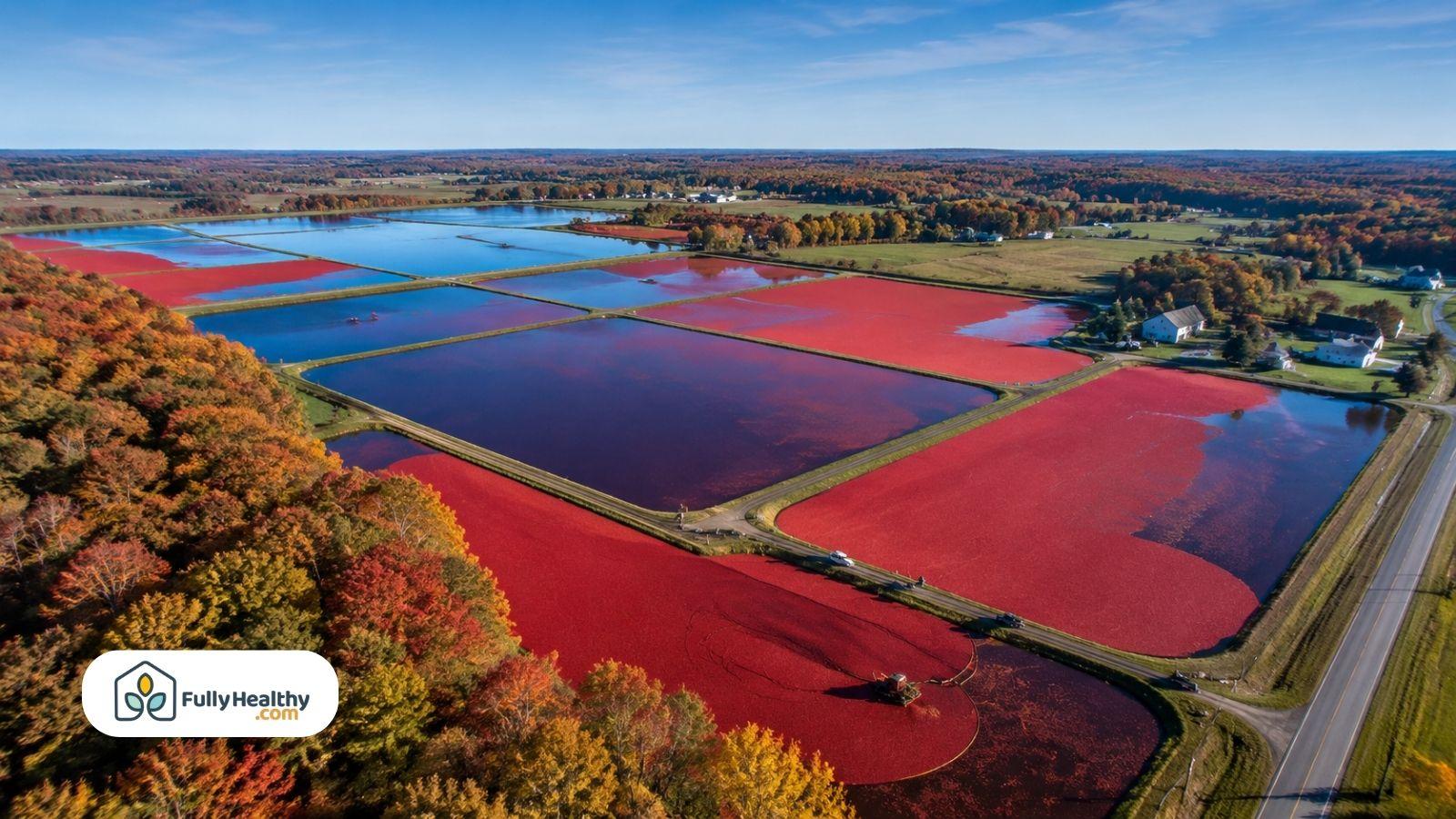 Aerial view of flooded cranberry bogs during peak harvest season