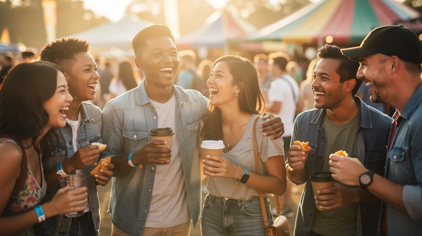 A diverse group of friends is laughing together at an outdoor event, showcasing joy and camaraderie. This scene highlights the importance of social connections, similar to how online dating apps help users find meaningful relationships and potential partners in the dating scene.
