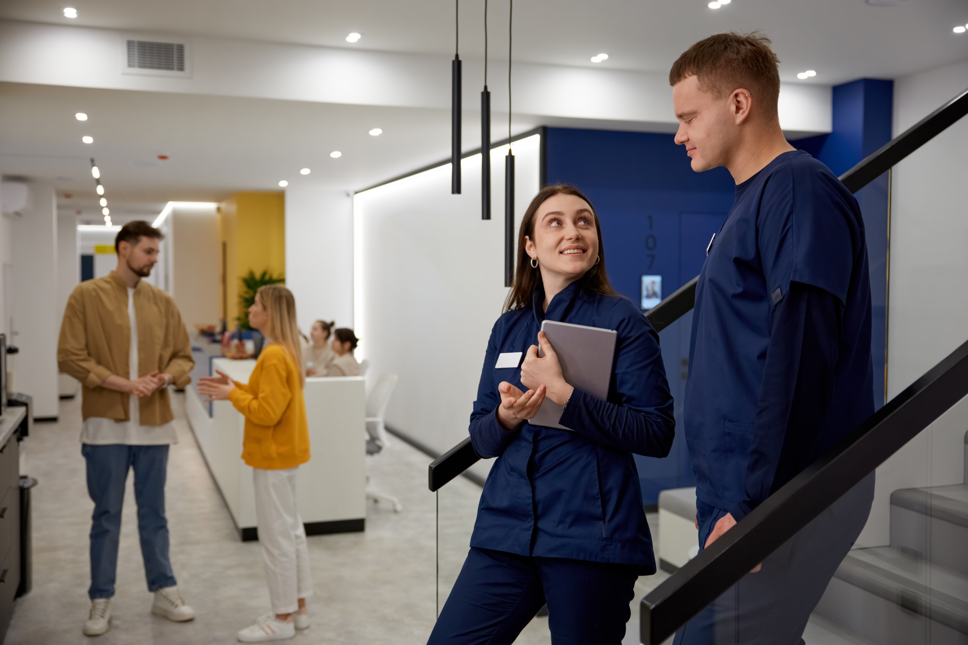 Medical healthcare hospital interior with doctors and visitors salary sacrifice