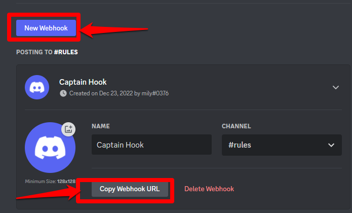 Picture showing how to setup your webhook on Discord