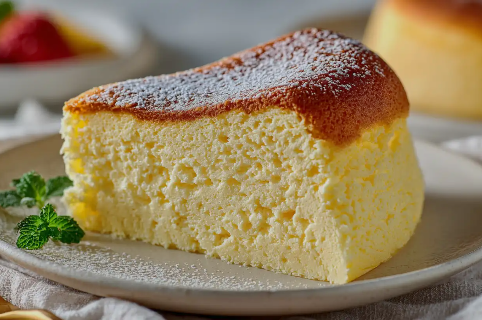 A slice of fluffy, golden-brown Japanese cheesecake on a white plate, dusted with powdered sugar. A sprig of fresh mint is placed beside it for garnish.