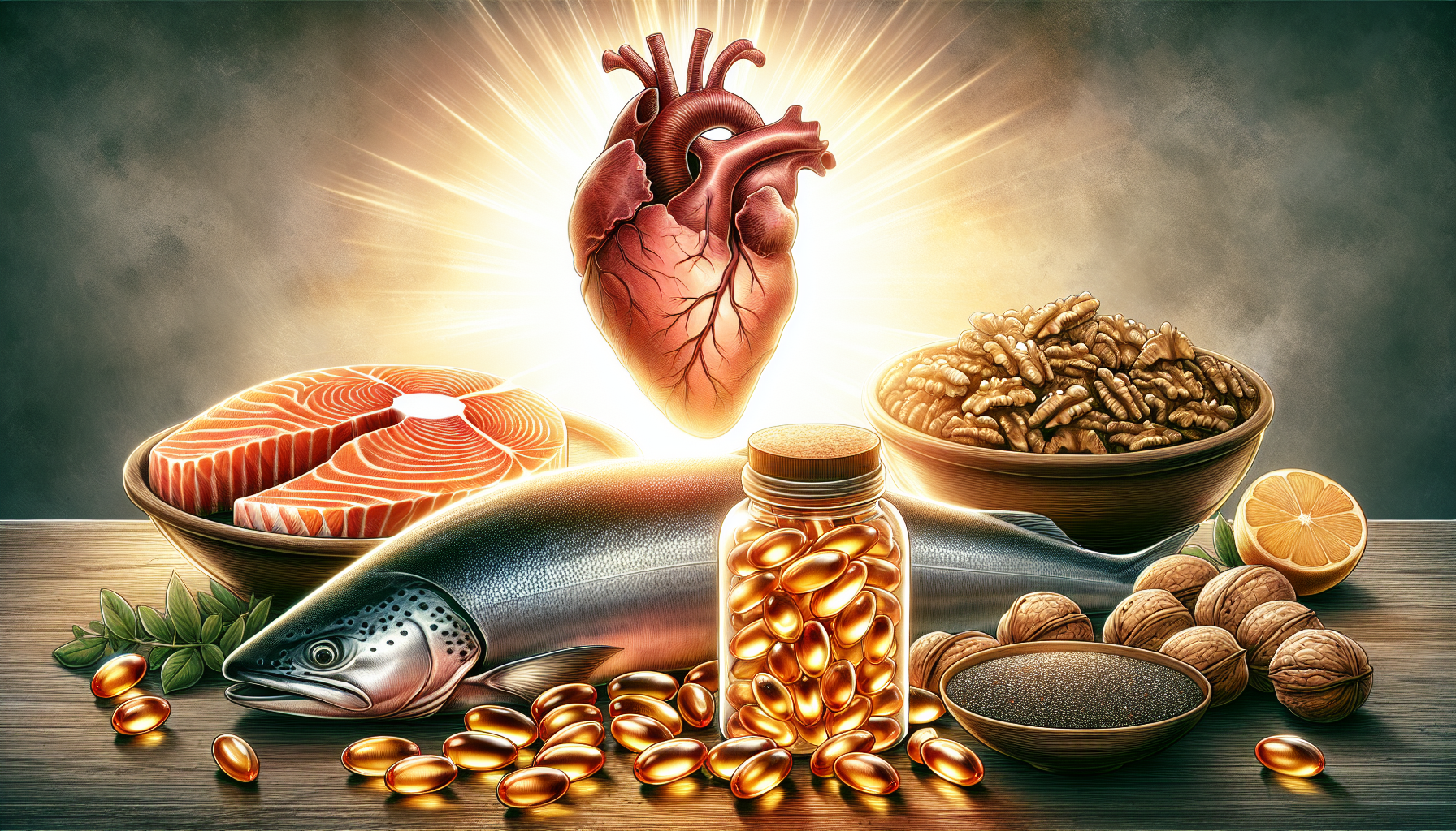 Illustration of fish oil capsules and sources of omega-3 fatty acids