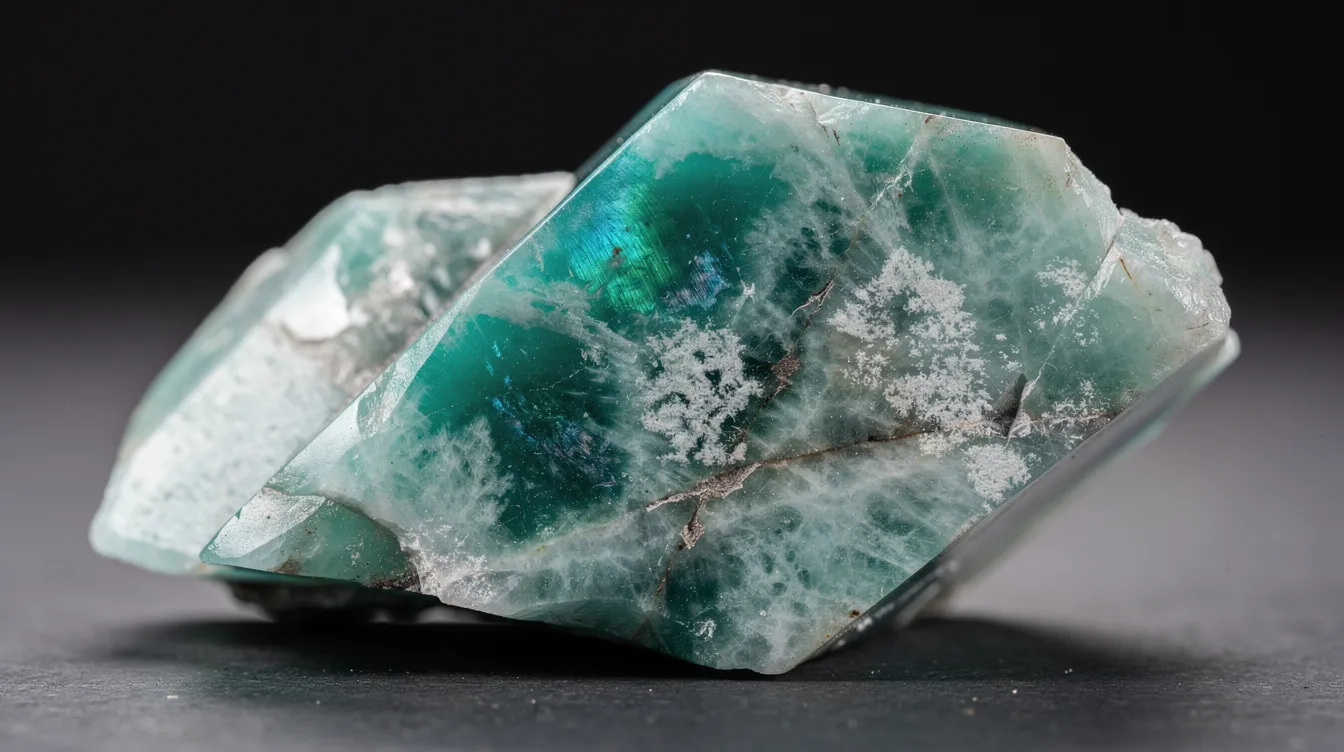 The image showcases a stunning piece of amazonite jewellery, featuring a vibrant range of colours from pale mint to deep teal, accented with cloud-like white patterns. This semi-precious gemstone, known for its unique chatoyancy, is set against a simple background, highlighting its natural beauty and intricate details.
