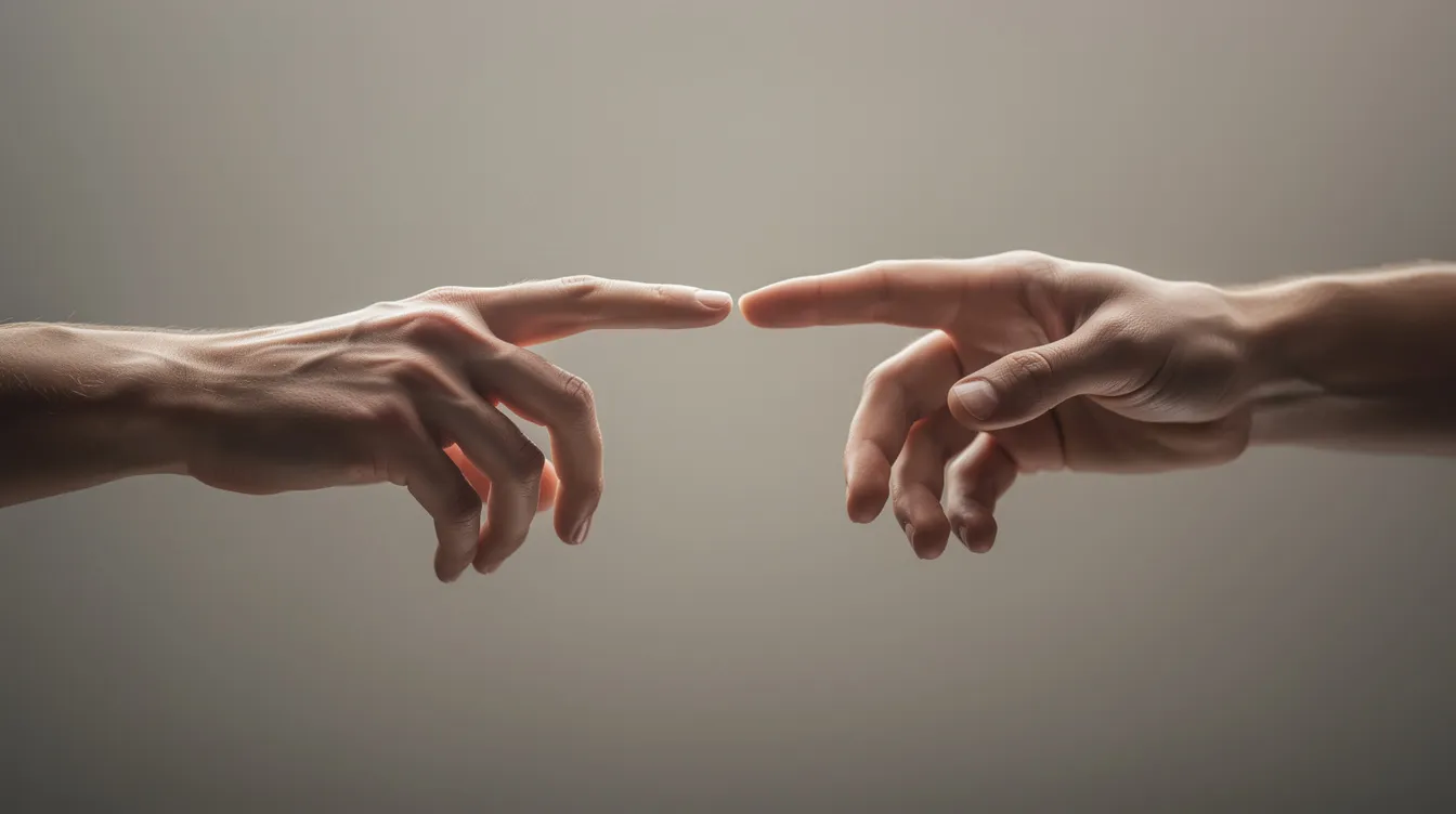 The image depicts two hands reaching toward each other, with a slight gap between them, symbolizing the emotional distance often found in anxious and avoidant relationships. This visual captures the tension between partners with different attachment styles, highlighting the struggle for emotional intimacy amidst feelings of anxiety and avoidance.