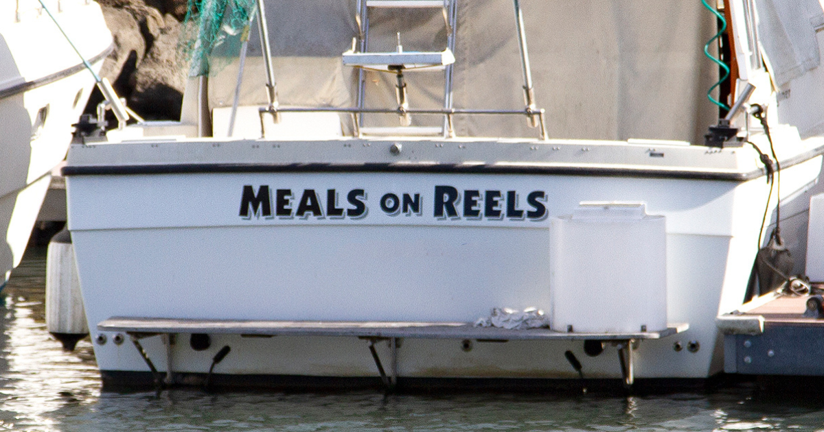 An illustration of a fishing boat with humorous names that appeal to fishing enthusiasts.