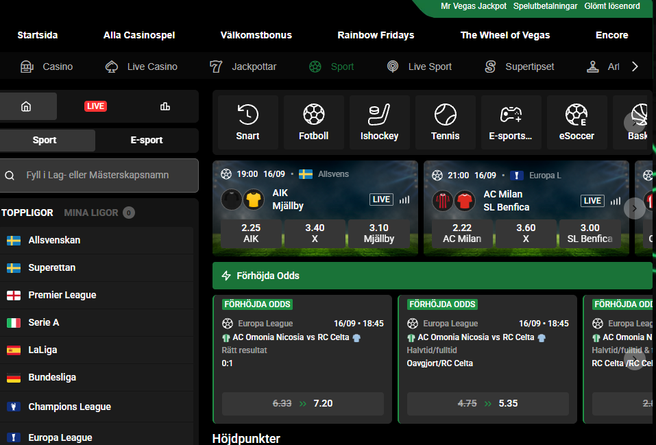 Sportavdelningen hos Mr Vegas med odds på bland annat fotboll, ishockey, tennis och e-sport samt förhöjda odds.