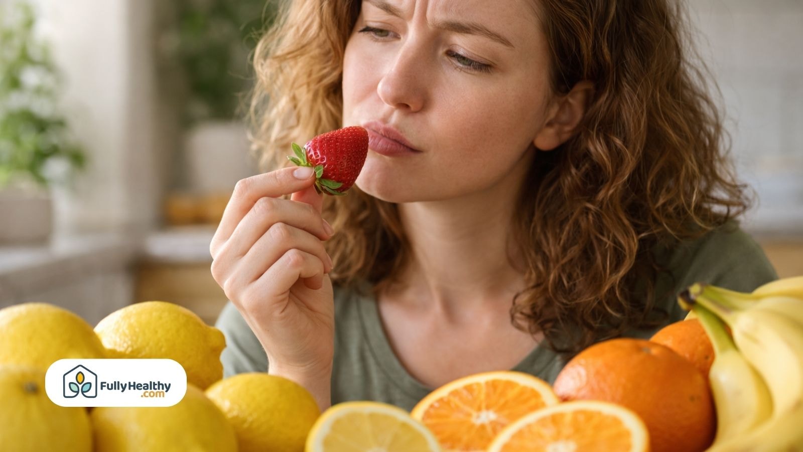 Woman examining strawberry surrounded by citrus fruits and bananas