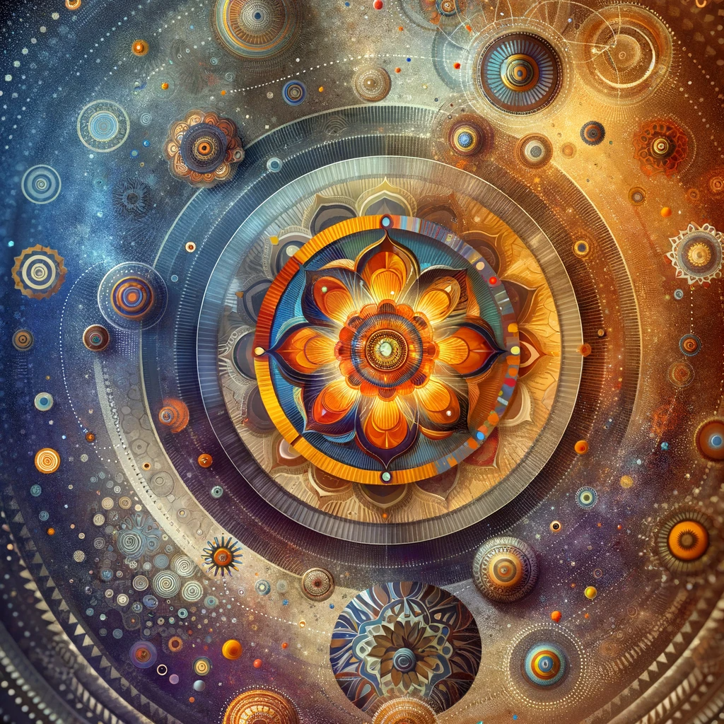 "Immerse yourself in the vibrant energy of the Sacral Chakra with this richly detailed illustration. The image captures the essence of creativity and emotional balance, symbolized by a radiant, layered lotus flower at its core, surrounded by a cosmos of warm hues and intricate patterns. A visual meditation on the flow of creative and sensual energies within us all."