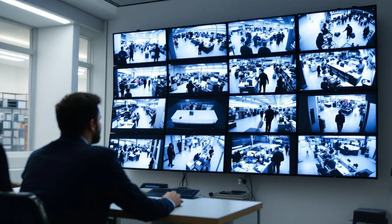 The image shows a set of security monitoring screens displaying various angles of retail store cameras, including checkout areas, highlighting the ongoing battle against retail theft and organized retail crime. These visuals are crucial for protecting store associates and mitigating the impact of retail theft in today's complex retail environments.