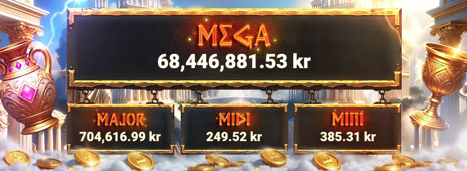Mega Fortune jackpotthjul med Mega Jackpot på 68 446 881,53 kr, Major på 704 616,99 kr, Midi på 249,52 kr och Mini på 385,31 kr.