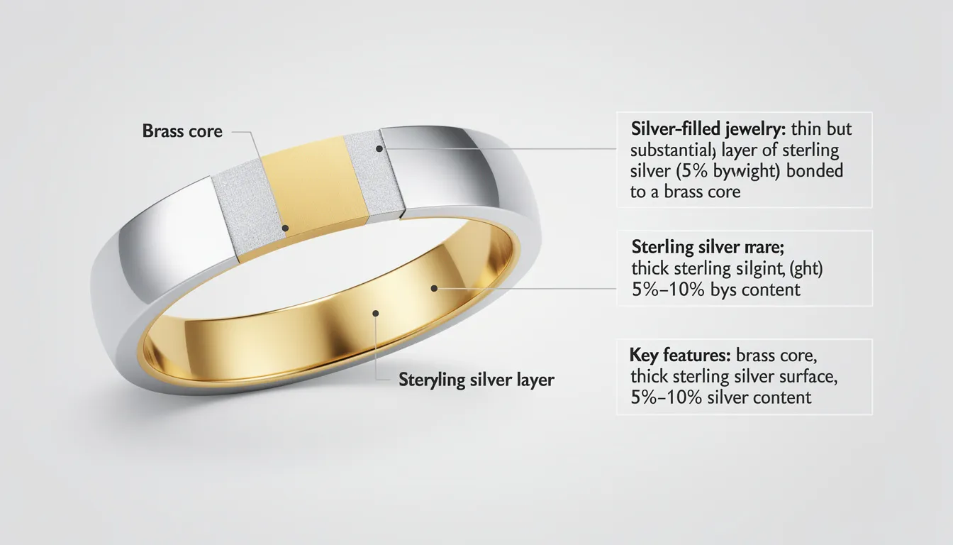 The image showcases a piece of silver-filled jewelry, featuring a substantial layer of sterling silver bonded to a brass base metal. This type of jewelry contains 5% to 10% silver by weight, highlighting its quality among silver alloys.