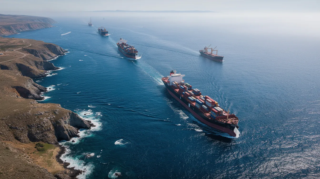 An aerial view captures the Strait of Hormuz, a narrow ocean channel where large cargo ships and oil tankers navigate through vibrant blue waters, flanked by the southern coast of Iran and the Arabian Sea. This important oil chokepoint serves as a crucial shipping route for global oil exports, highlighting its strategic significance in the Middle East.