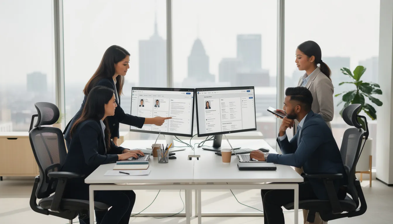 The image depicts a modern office workspace where a recruitment team is actively reviewing candidate profiles on multiple screens, utilizing advanced recruitment software to enhance their hiring process. The scene reflects a collaborative environment focused on talent acquisition, showcasing the use of technology to streamline candidate sourcing and interview scheduling.