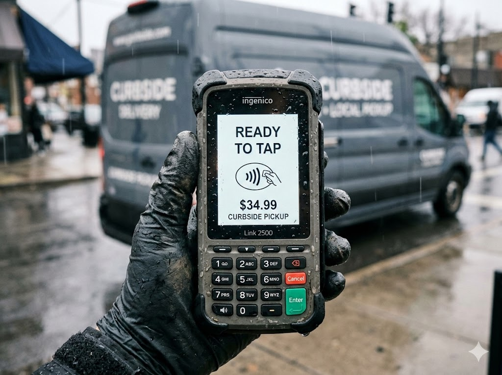 POSZEO rugged handheld payment device being used outdoors in wet conditions for curbside pickup.