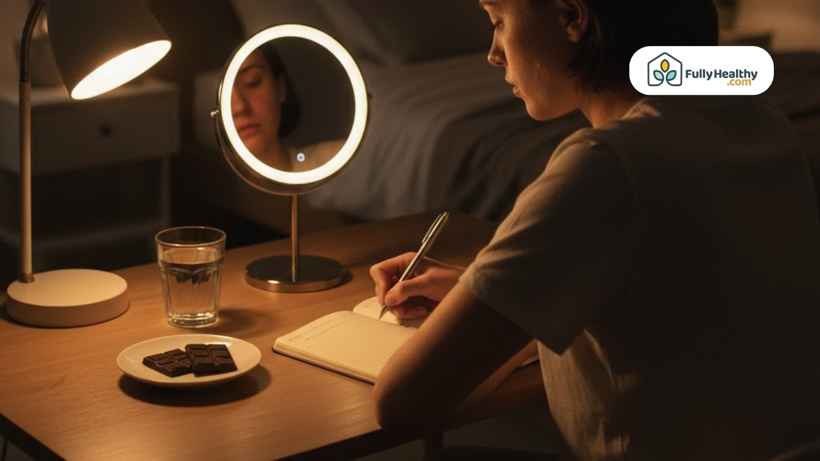 Woman writes in journal at night with chocolate water and mirror on desk