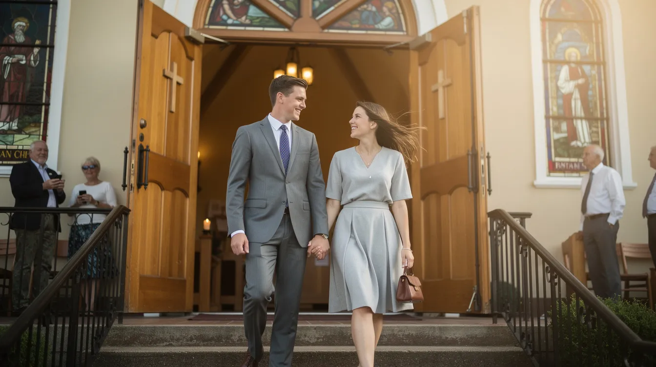 A couple is leaving a church after Sunday service, holding hands and smiling, reflecting their emotional connection and commitment to building intimacy in their relationship. Their shared faith and the moment signify the importance of spiritual intimacy in their dating relationship as they walk together, embodying the joy of a healthy relationship.