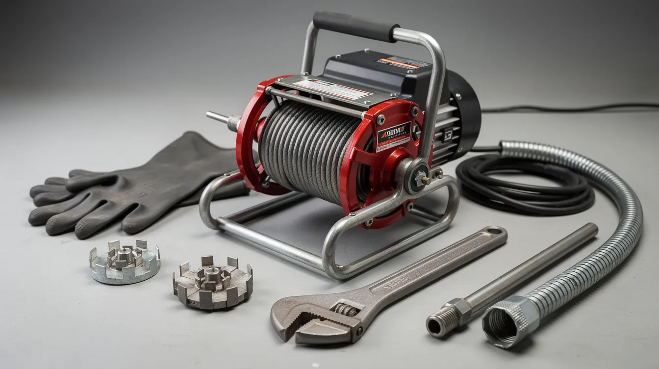 The image features a close-up of professional drain cleaning equipment, prominently displaying a motorized snake used for clearing clogs and addressing drainage issues. This essential tool represents the expertise of drain cleaning services, ensuring efficient maintenance of plumbing systems for both residential and commercial properties.