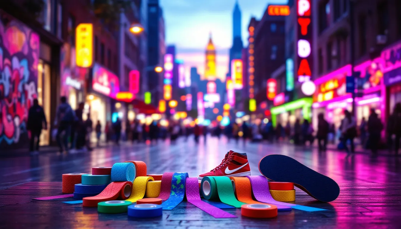 Different types of grip tapes displayed alongside skateboard shoes.