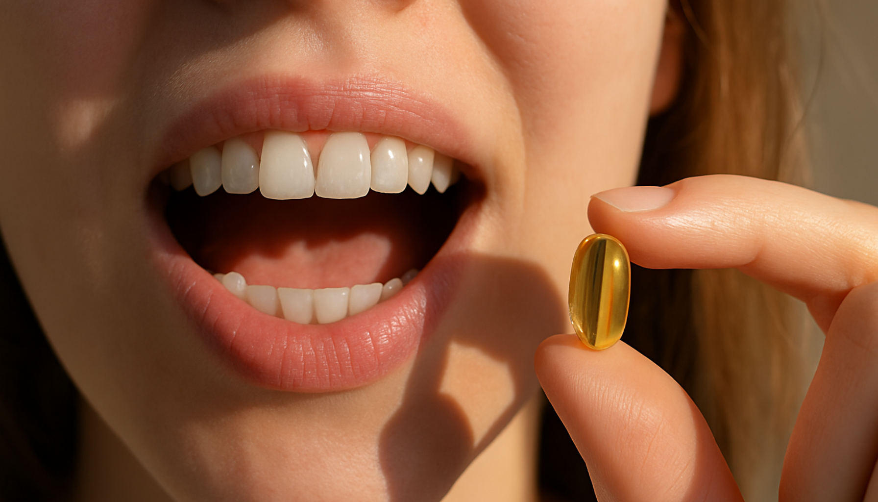 Mangel på Vitamin D: Overraskende Effekt På Tennene Dine 17 Kvinne viser åpne tenner i sollys mens hun holder en gul vitamin D-kapsel mellom fingrene mot en uskarp bakgrunn.