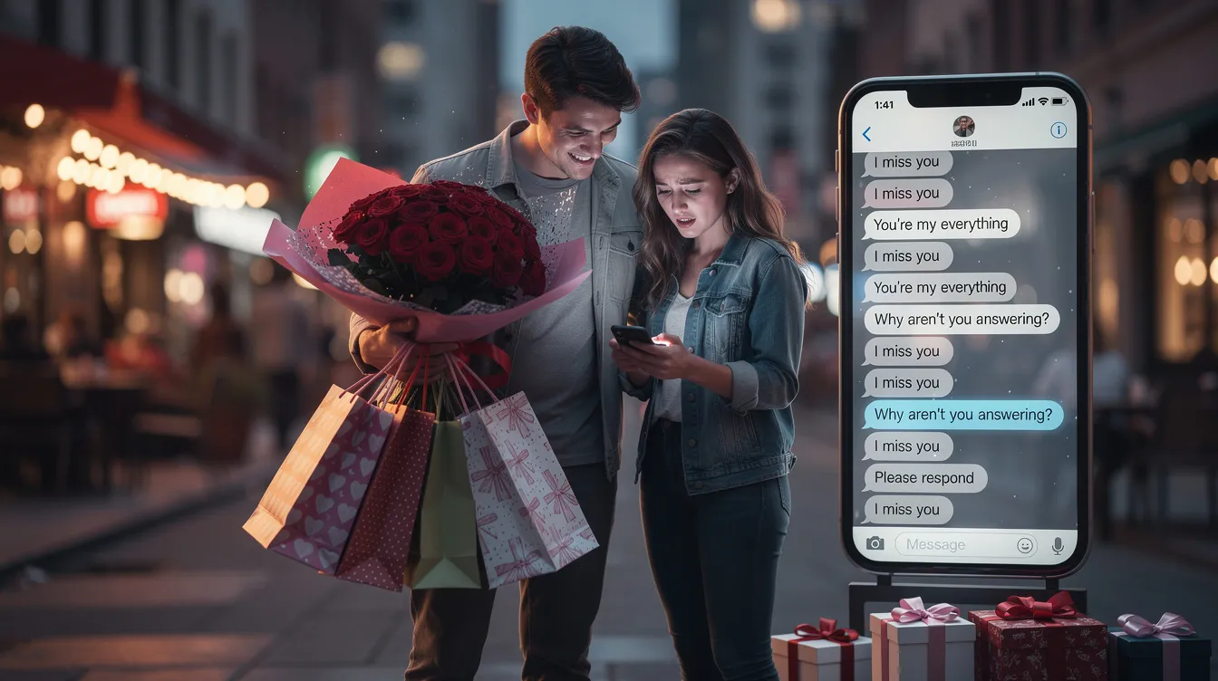 The image depicts a couple in a romantic relationship, where one partner is engaging in love bombing, characterized by excessive affection and admiration, often indicative of narcissistic traits. This behavior can lead to emotional manipulation and is a warning sign of a potentially toxic relationship marked by narcissistic abuse and a lack of empathy.