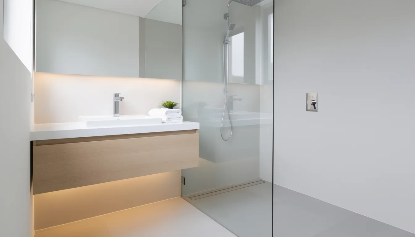 The image depicts a compact bathroom corner featuring a frameless glass shower, modern tapware, and a stylish floating vanity, showcasing contemporary bathroom design ideas that maximize functionality in a small space. This stylish setup reflects a spa-like retreat, perfect for Wellington homes looking to enhance their bathroom renovations.