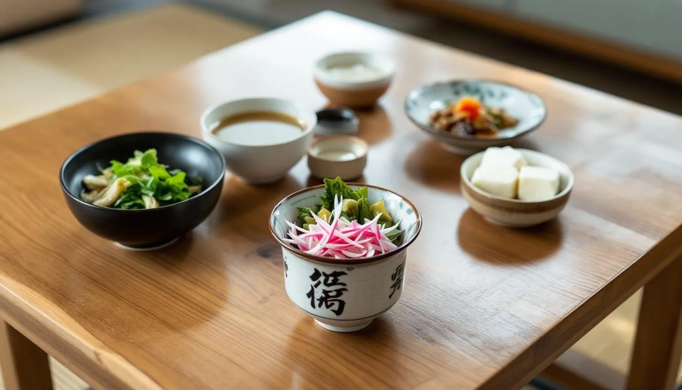 The image showcases a traditional Japanese vegan meal featuring multiple small dishes, including miso soup and pickled vegetables, beautifully arranged on a wooden table. This delicious spread highlights the diversity of vegan options in traditional Japanese cuisine, perfect for those exploring vegan restaurants in Tokyo.