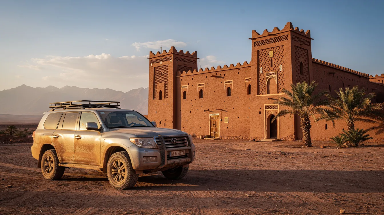 Un SUV robusto está estacionado junto a una tradicional kasbah marroquí, con majestuosas montañas de fondo. Este vehículo, ideal para exploraciones en terrenos difíciles, resalta la conexión entre la cultura local y la aventura al aire libre.