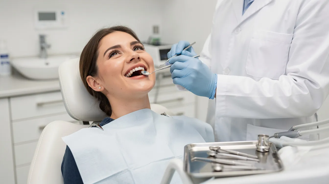 A person is smiling while sitting in a bright dental clinic room during a routine dental exam, highlighting the importance of regular dental checkups for maintaining optimal oral health and preventing dental problems like tooth decay and gum disease. The cheerful atmosphere emphasizes the role of professional cleanings and early detection in ensuring healthy teeth and gums.