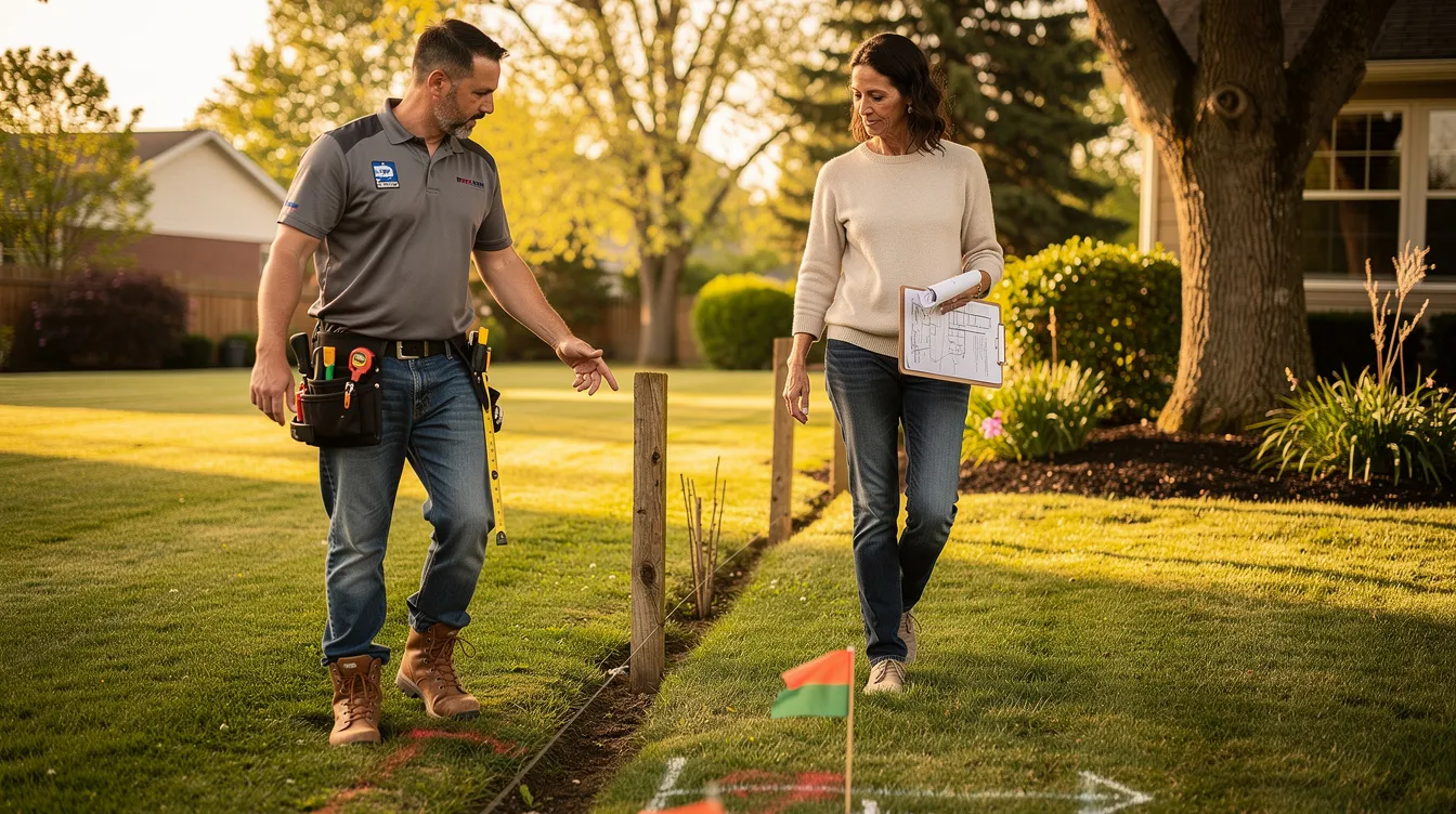 A fence contractor is discussing options with a homeowner along the property line in a residential backyard, surrounded by various styles of wood fences, including traditional picket and modern horizontal designs. The scene captures the collaborative process of selecting the right fence to enhance the outdoor space and provide security and aesthetics for the home.