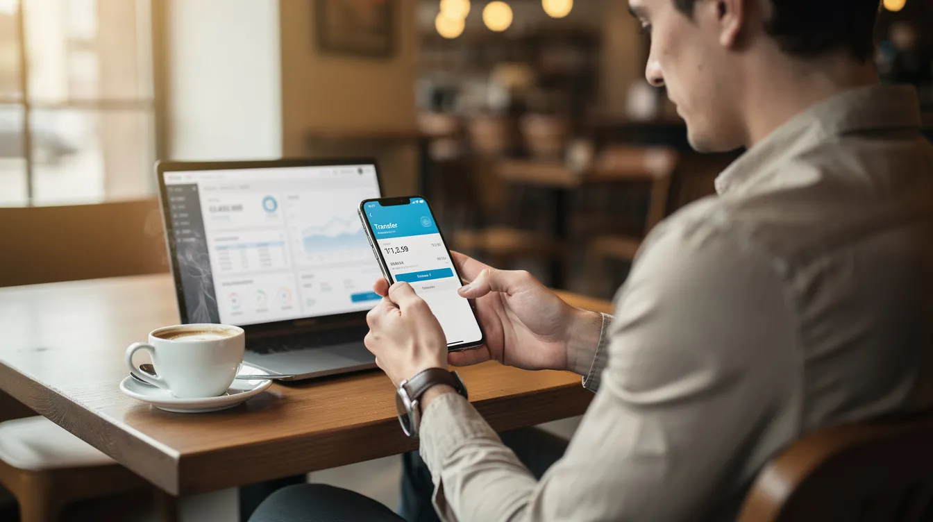 A person is seated at a table with a laptop and a cup of coffee, using a smartphone to transfer money. The image conveys a sense of modern financial transactions, highlighting the ease of managing money in today's digital age.