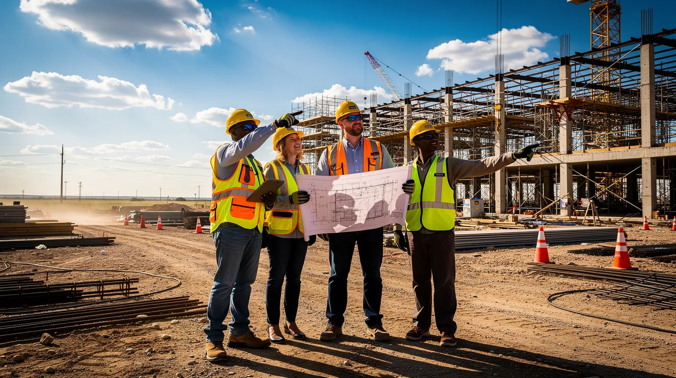 A group of construction workers, dressed in hard hats and safety vests, are collaborating on a commercial building site beneath a clear blue Texas sky, emphasizing the importance of workplace safety and employee safety programs in the construction industry. Their teamwork highlights adherence to safety rules and protocols to minimize risks and ensure a good safety record.