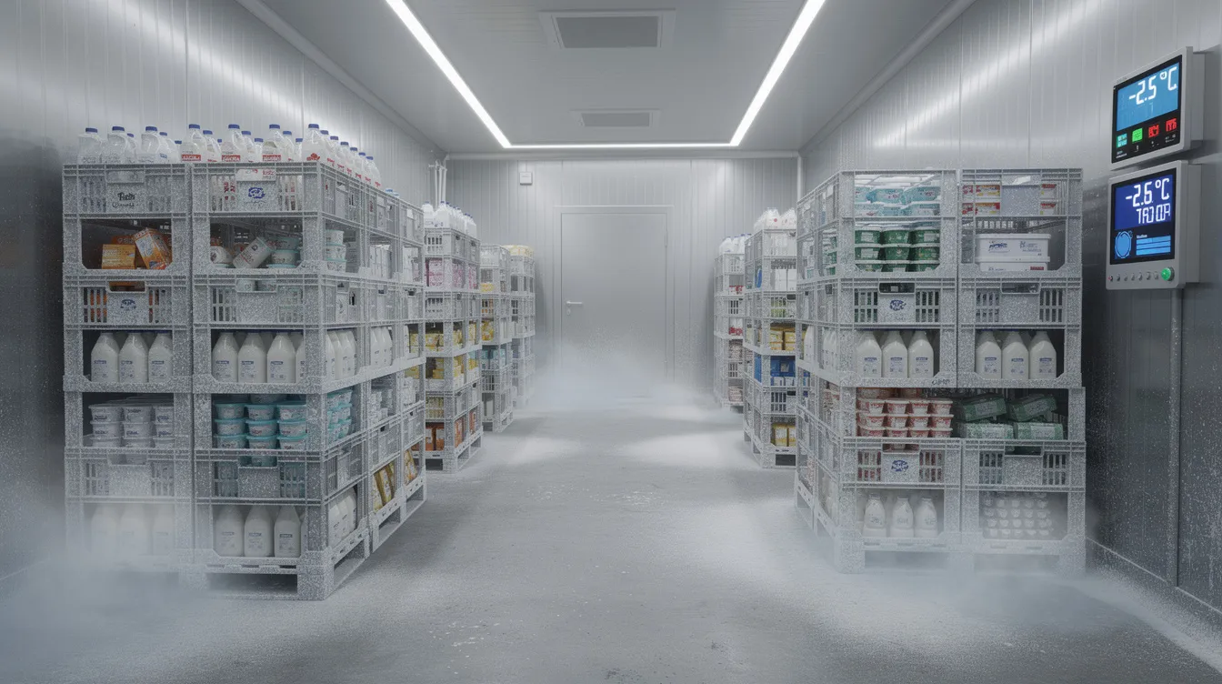5190c6d5 acce 4763 9989 8bd22f595fcb The image depicts the interior of an industrial cold room filled with stacked crates of dairy products, highlighting the importance of temperature control in milk processing. Temperature monitoring panels are visible, ensuring optimal conditions for dairy storage, which is essential for maintaining product quality and supporting dairy entrepreneurship development schemes.