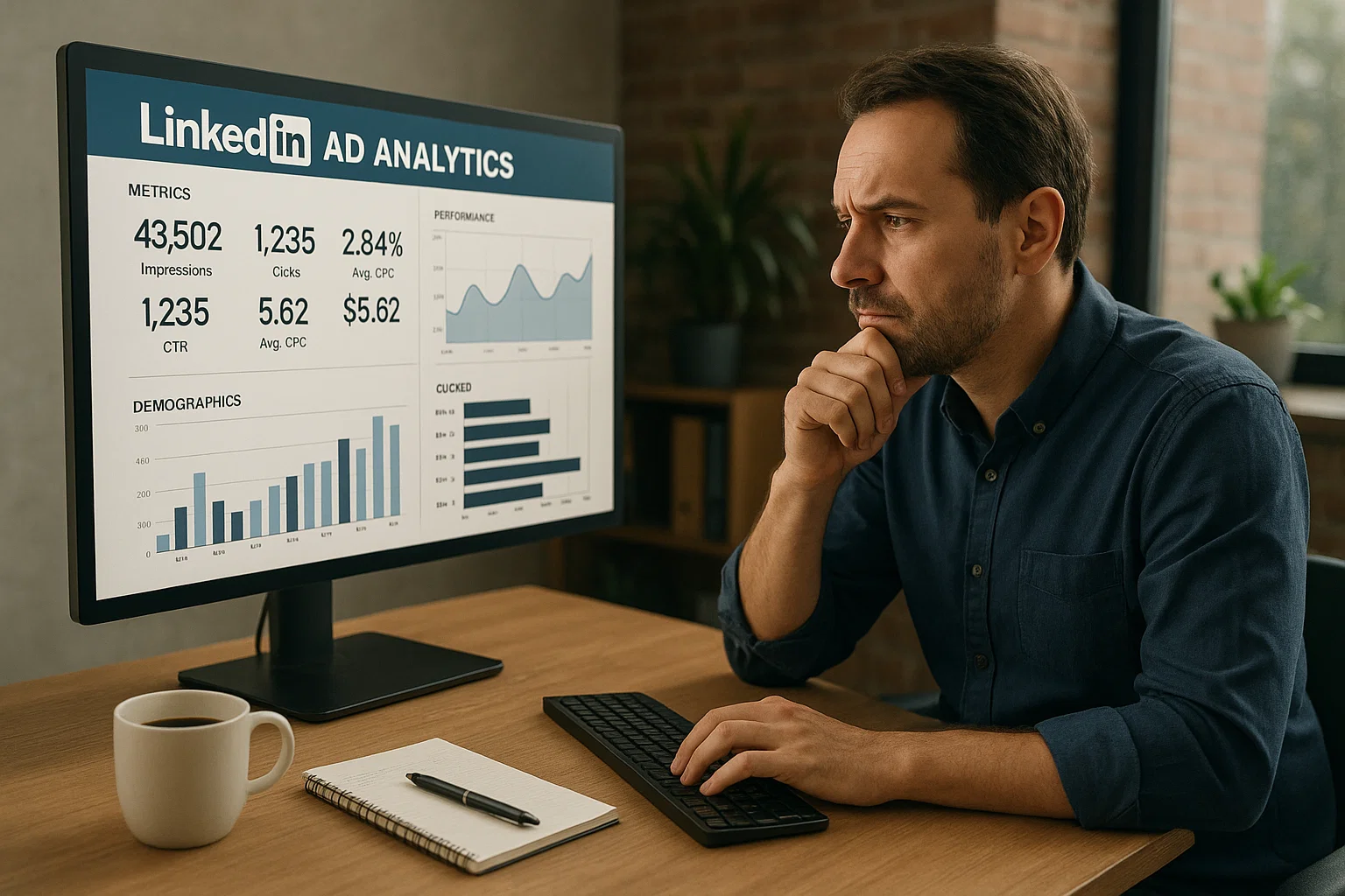 Entrepreneur reviewing results of LinkedIn ad campaigns after organic success.