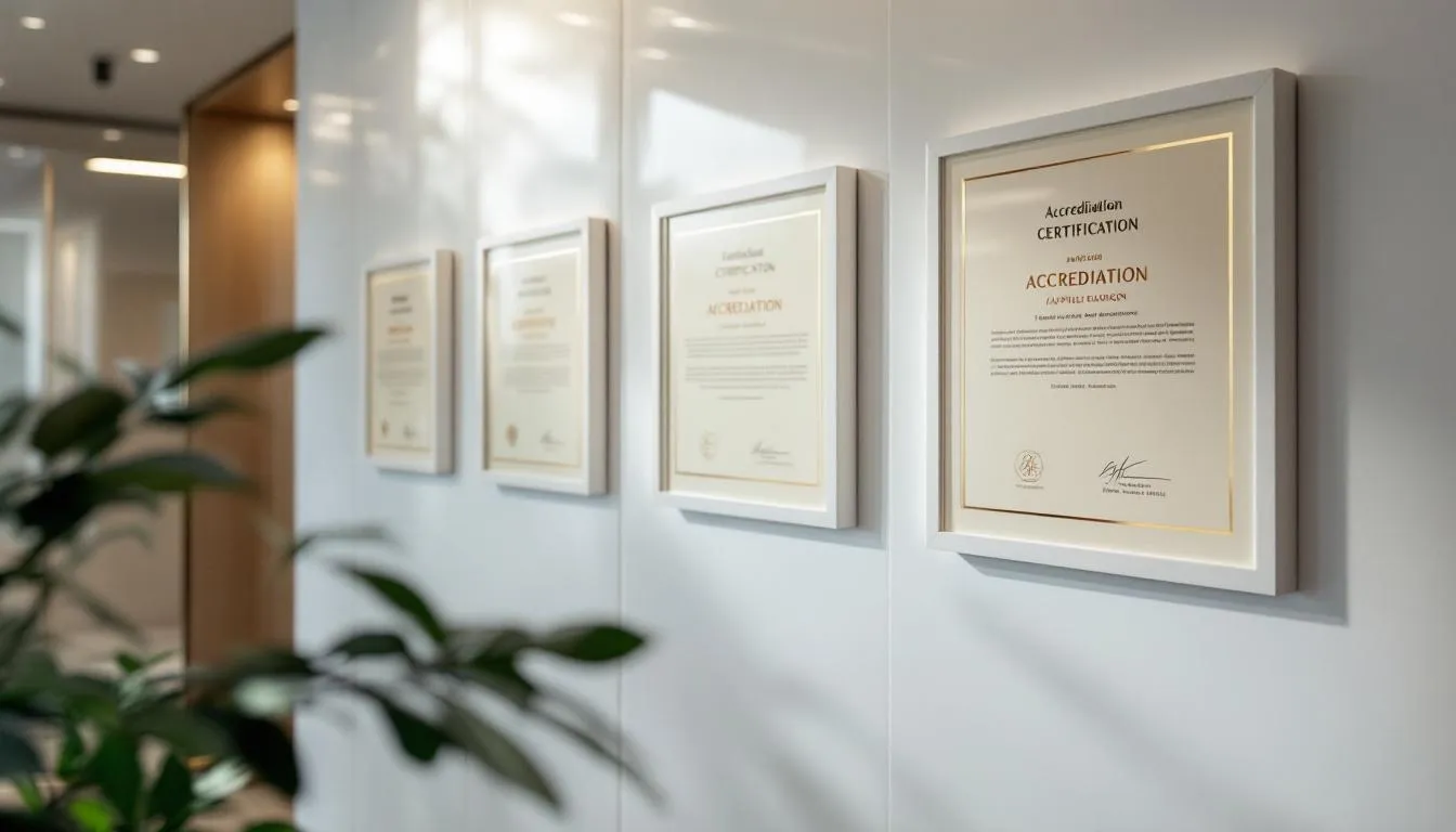 Accreditation certificates displayed in a plastic surgery clinic.