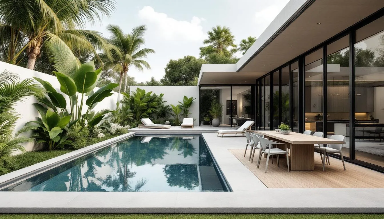 A landscaped pool area with various plants and features, creating a private oasis for outdoor living.