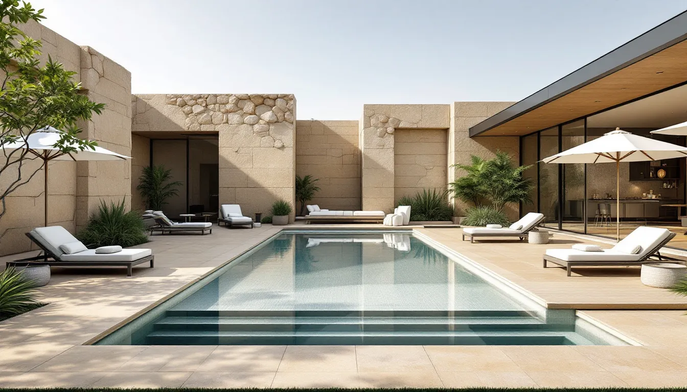 Various materials used in pool design, highlighting natural stone and faux rock features.